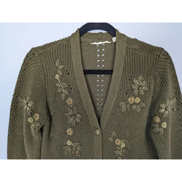 SOFT SURROUNDINGS M Green Embroidered Bead 3D Floral Cardigan Sweater Jacket - Picture 5 of 16
